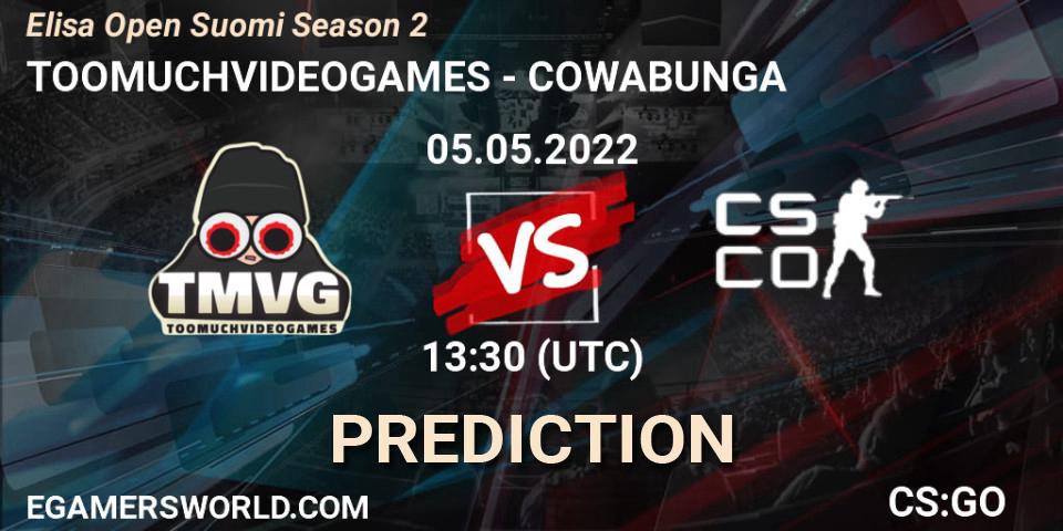 TOOMUCHVIDEOGAMES vs COWABUNGA: Betting TIp, Match Prediction. 05.05.2022 at 16:30. Counter-Strike (CS2), Elisa Open Suomi Season 2