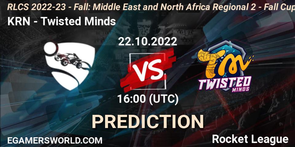 KRN vs Twisted Minds: Betting TIp, Match Prediction. 22.10.2022 at 16:00. Rocket League, RLCS 2022-23 - Fall: Middle East and North Africa Regional 2 - Fall Cup
