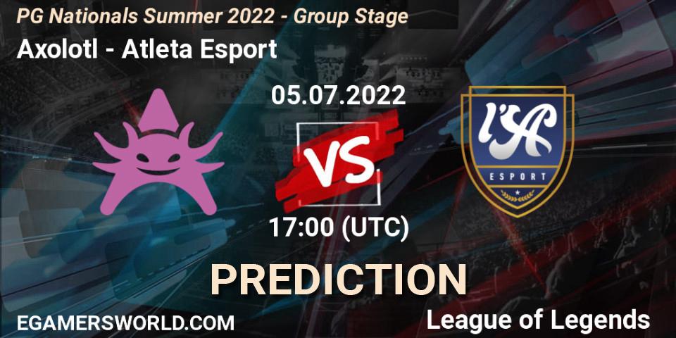 Axolotl vs Atleta Esport: Betting TIp, Match Prediction. 05.07.2022 at 18:00. LoL, PG Nationals Summer 2022 - Group Stage
