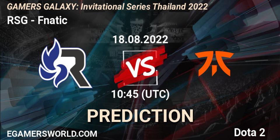 RSG vs Fnatic: Betting TIp, Match Prediction. 18.08.2022 at 10:05. Dota 2, GAMERS GALAXY: Invitational Series Thailand 2022