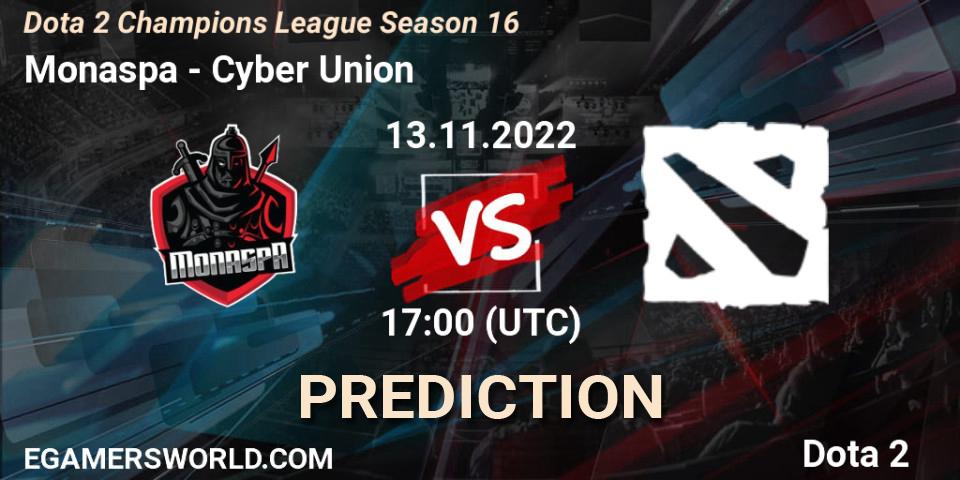 Monaspa vs Cyber Union: Betting TIp, Match Prediction. 13.11.2022 at 17:00. Dota 2, Dota 2 Champions League Season 16