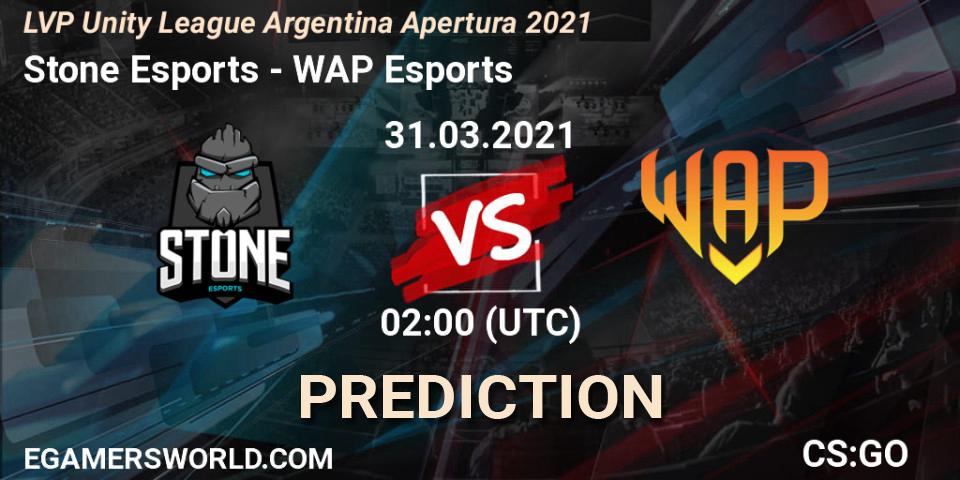 Stone Esports vs WAP Esports: Betting TIp, Match Prediction. 31.03.2021 at 02:00. Counter-Strike (CS2), LVP Unity League Argentina Apertura 2021