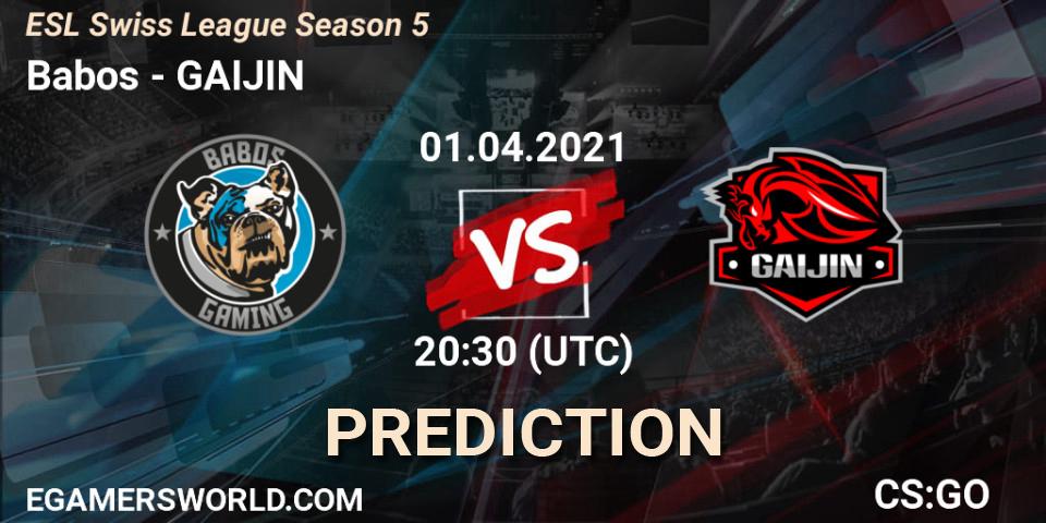 Babos vs GAIJIN: Betting TIp, Match Prediction. 01.04.2021 at 20:30. Counter-Strike (CS2), ESL Swiss League Season 5