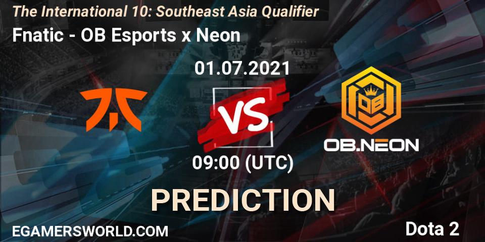 Fnatic vs OB Esports x Neon: Betting TIp, Match Prediction. 01.07.2021 at 08:07. Dota 2, The International 10: Southeast Asia Qualifier