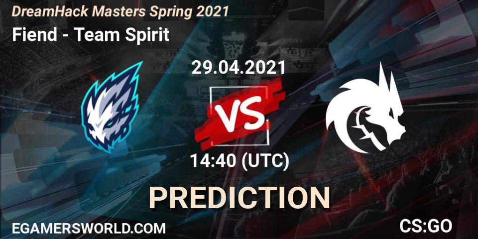 Fiend vs Team Spirit: Betting TIp, Match Prediction. 29.04.2021 at 15:30. Counter-Strike (CS2), DreamHack Masters Spring 2021