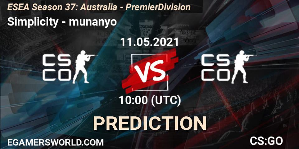 Simplicity vs munanyo: Betting TIp, Match Prediction. 11.05.21. CS2 (CS:GO), ESEA Season 37: Australia - Premier Division