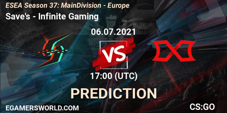 Save's vs Infinite Gaming: Betting TIp, Match Prediction. 06.07.2021 at 17:00. Counter-Strike (CS2), ESEA Season 37: Main Division - Europe