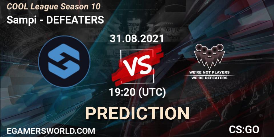 Sampi vs DEFEATERS: Betting TIp, Match Prediction. 31.08.2021 at 19:20. Counter-Strike (CS2), COOL League Season 10