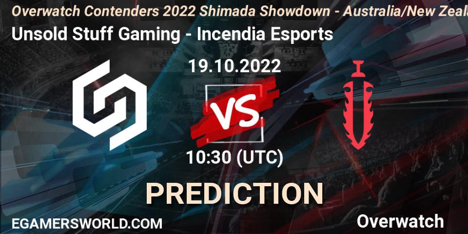 Unsold Stuff Gaming vs Incendia Esports: Betting TIp, Match Prediction. 19.10.2022 at 09:38. Overwatch, Overwatch Contenders 2022 Shimada Showdown - Australia/New Zealand - October