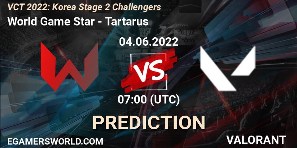 World Game Star vs Tartarus: Betting TIp, Match Prediction. 04.06.2022 at 07:00. VALORANT, VCT 2022: Korea Stage 2 Challengers