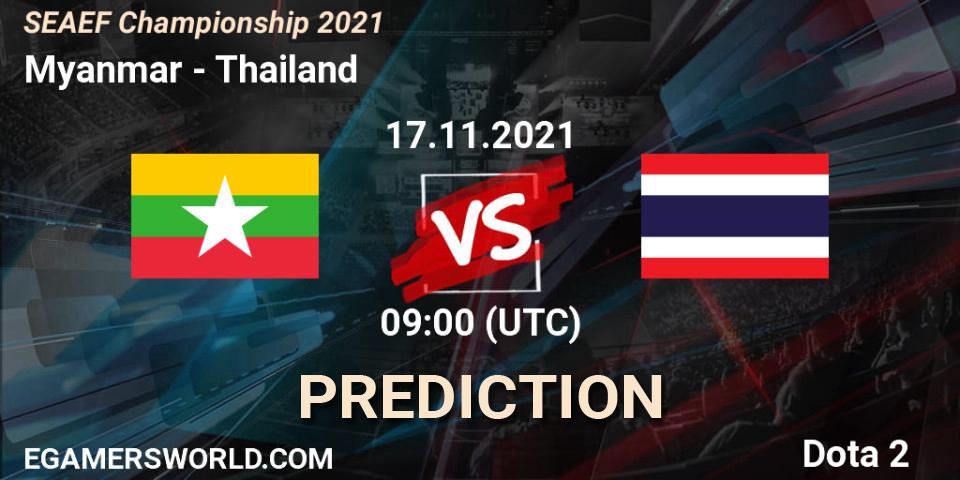 Team Myanmar vs Thailand: Betting TIp, Match Prediction. 17.11.2021 at 08:59. Dota 2, SEAEF Dota2 Championship 2021