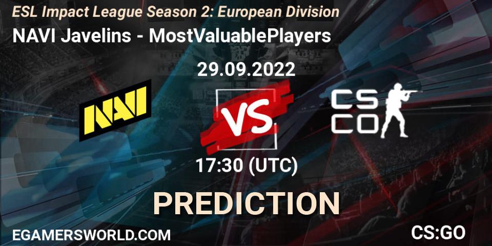 NAVI Javelins vs MostValuablePlayers: Betting TIp, Match Prediction. 29.09.2022 at 17:30. Counter-Strike (CS2), ESL Impact League Season 2: European Division
