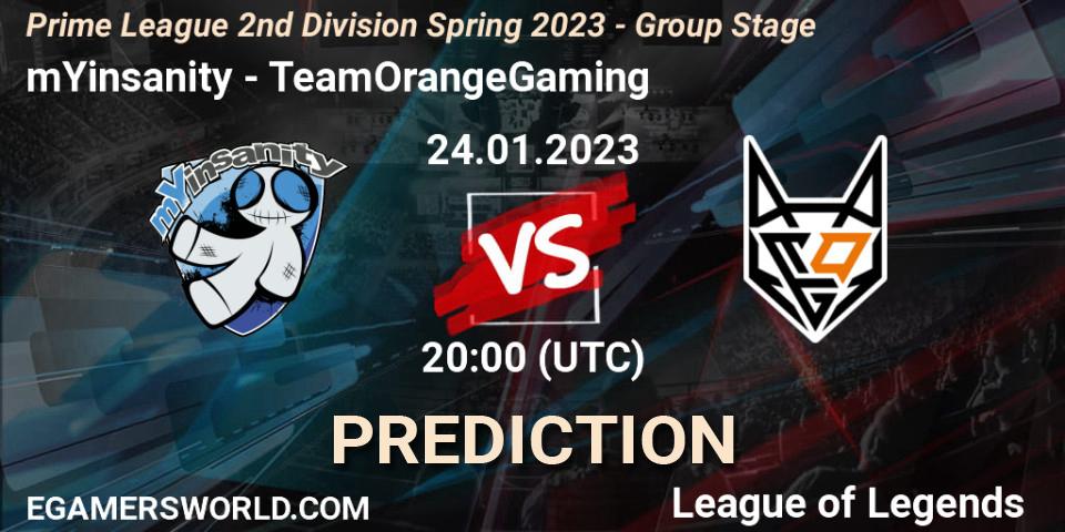 mYinsanity vs TeamOrangeGaming: Betting TIp, Match Prediction. 24.01.2023 at 20:00. LoL, Prime League 2nd Division Spring 2023 - Group Stage