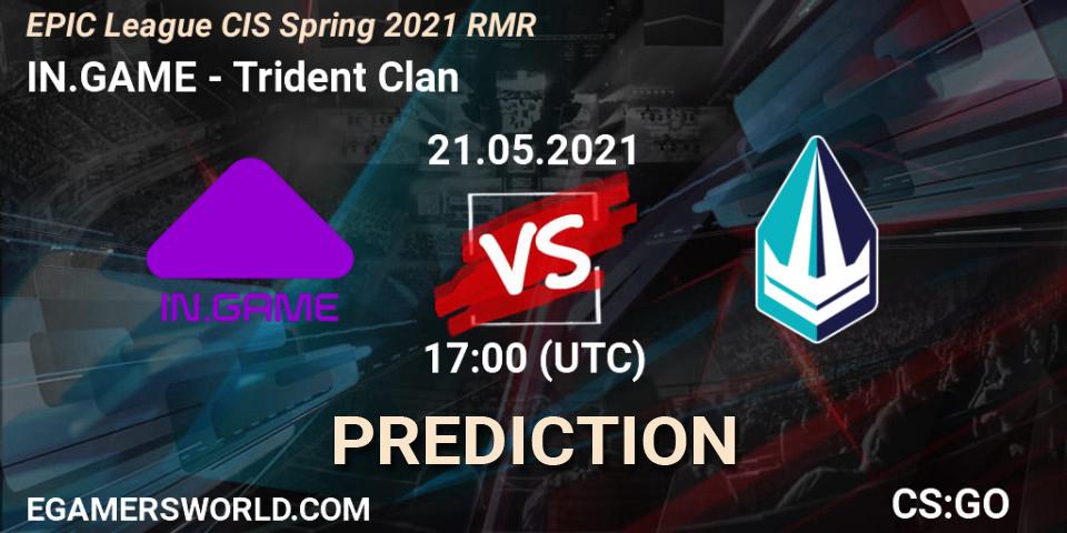 IN.GAME vs Trident Clan: Betting TIp, Match Prediction. 21.05.2021 at 17:00. Counter-Strike (CS2), EPIC League CIS Spring 2021 RMR