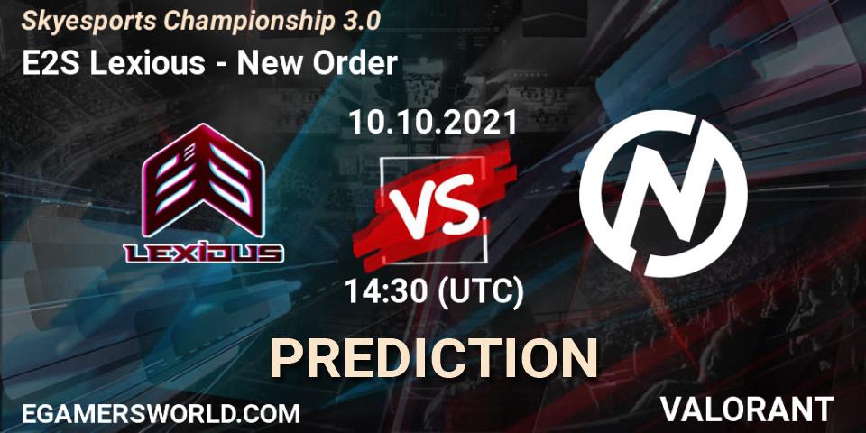 E2S Lexious vs New Order: Betting TIp, Match Prediction. 10.10.2021 at 14:30. VALORANT, Skyesports Championship 3.0