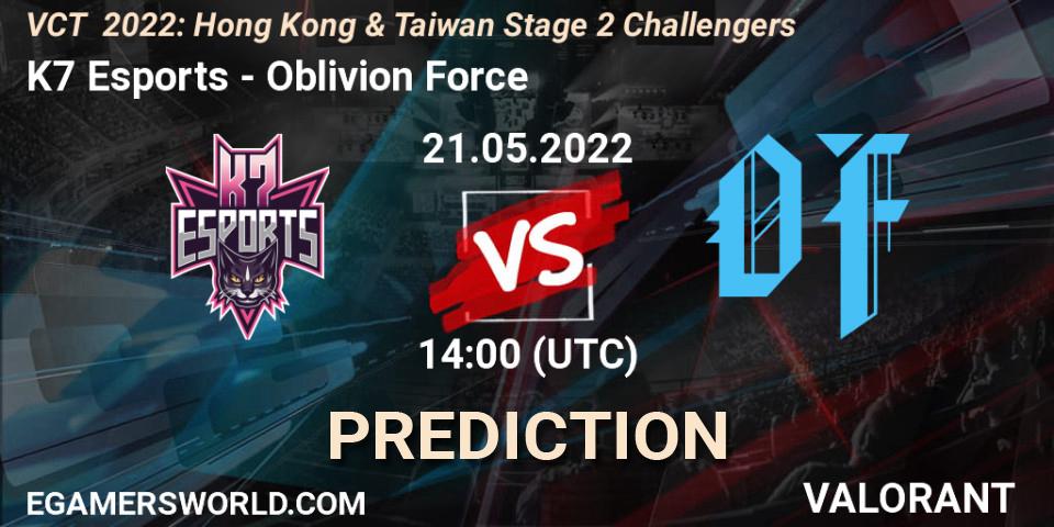 K7 Esports vs Oblivion Force: Betting TIp, Match Prediction. 21.05.2022 at 14:40. VALORANT, VCT 2022: Hong Kong & Taiwan Stage 2 Challengers
