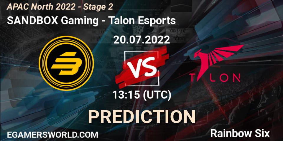 SANDBOX Gaming vs Talon Esports: Betting TIp, Match Prediction. 20.07.2022 at 13:15. Rainbow Six, APAC North 2022 - Stage 2