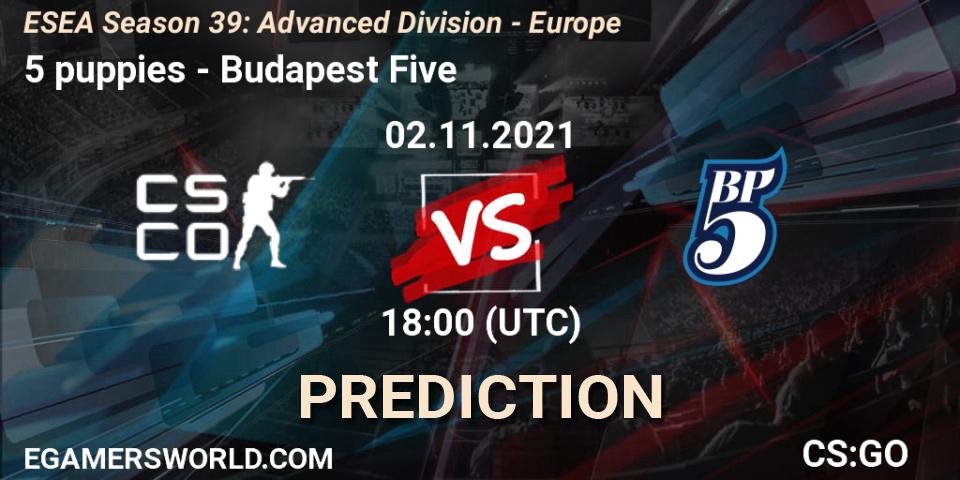 5 puppies vs Budapest Five: Betting TIp, Match Prediction. 02.11.2021 at 18:00. Counter-Strike (CS2), ESEA Season 39: Advanced Division - Europe