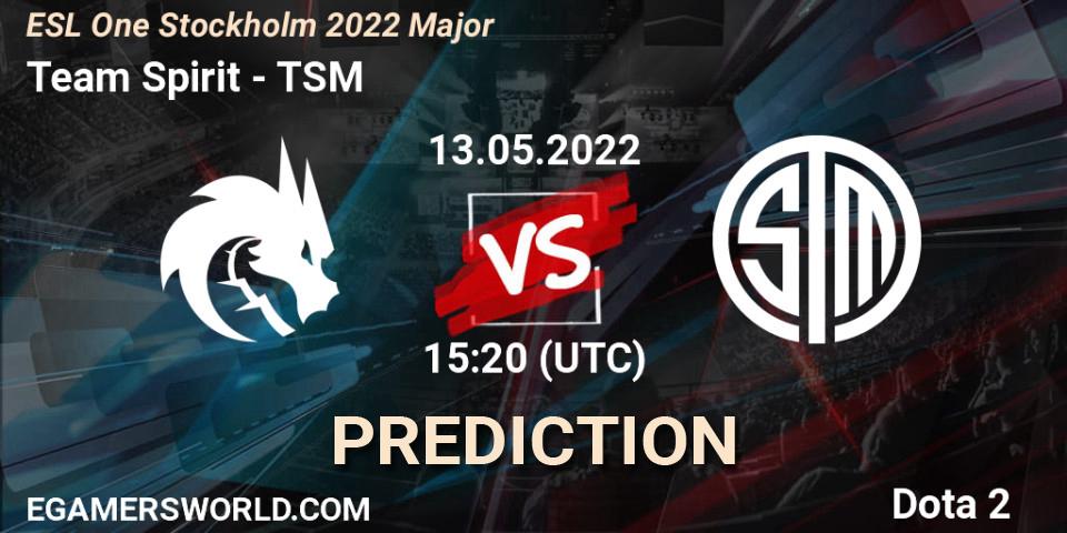 Team Spirit vs TSM: Betting TIp, Match Prediction. 13.05.2022 at 15:39. Dota 2, ESL One Stockholm 2022 Major