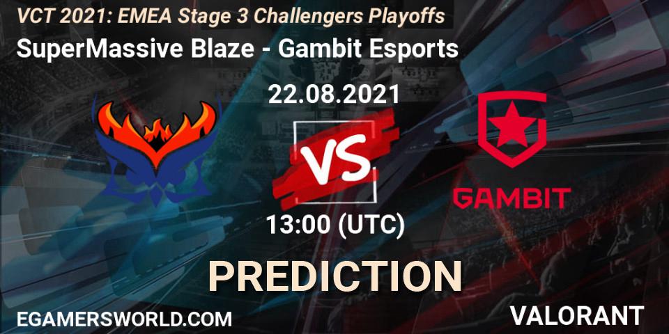 SuperMassive Blaze vs Gambit Esports: Betting TIp, Match Prediction. 22.08.2021 at 13:00. VALORANT, VCT 2021: EMEA Stage 3 Challengers Playoffs