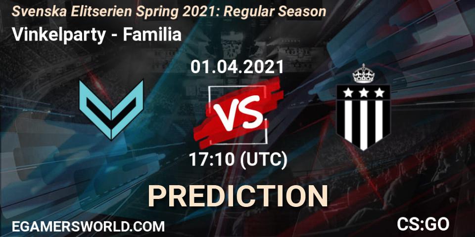 Vinkelparty vs Familia: Betting TIp, Match Prediction. 01.04.2021 at 17:10. Counter-Strike (CS2), Svenska Elitserien Spring 2021: Regular Season