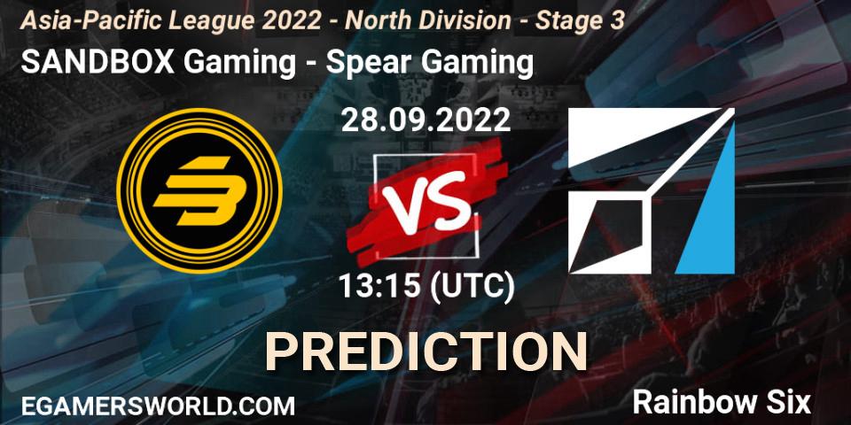 SANDBOX Gaming vs Spear Gaming: Betting TIp, Match Prediction. 28.09.2022 at 13:15. Rainbow Six, Asia-Pacific League 2022 - North Division - Stage 3