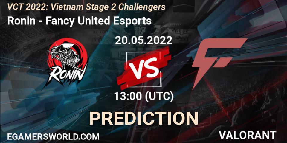 Ronin vs Fancy United Esports: Betting TIp, Match Prediction. 20.05.2022 at 13:00. VALORANT, VCT 2022: Vietnam Stage 2 Challengers