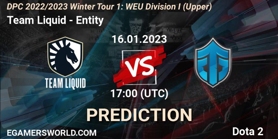 Team Liquid vs Entity: Betting TIp, Match Prediction. 16.01.2023 at 16:55. Dota 2, DPC 2022/2023 Winter Tour 1: WEU Division I (Upper)