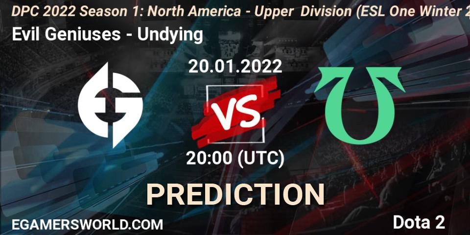 Evil Geniuses vs Undying: Betting TIp, Match Prediction. 20.01.2022 at 20:22. Dota 2, DPC 2022 Season 1: North America - Upper Division (ESL One Winter 2021)