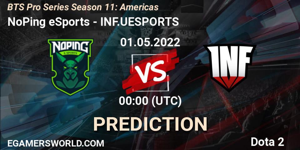 NoPing eSports vs INF.UESPORTS: Betting TIp, Match Prediction. 30.04.2022 at 23:19. Dota 2, BTS Pro Series Season 11: Americas