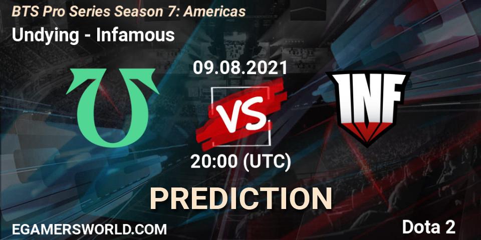 Undying vs Infamous: Betting TIp, Match Prediction. 09.08.2021 at 20:01. Dota 2, BTS Pro Series Season 7: Americas