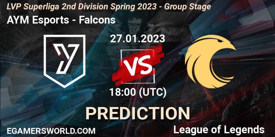 AYM Esports vs Falcons: Betting TIp, Match Prediction. 27.01.2023 at 18:00. LoL, LVP Superliga 2nd Division Spring 2023 - Group Stage