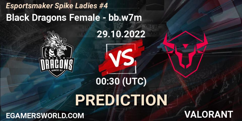 Black Dragons Female vs bb.w7m: Betting TIp, Match Prediction. 29.10.2022 at 00:30. VALORANT, Esportsmaker Spike Ladies #4