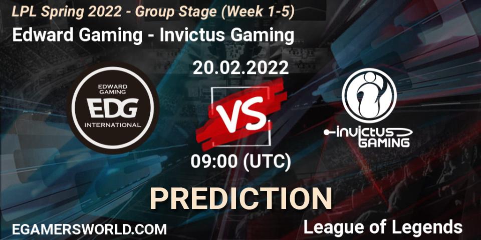 Edward Gaming vs Invictus Gaming: Betting TIp, Match Prediction. 20.02.2022 at 10:00. LoL, LPL Spring 2022 - Group Stage (Week 1-5)