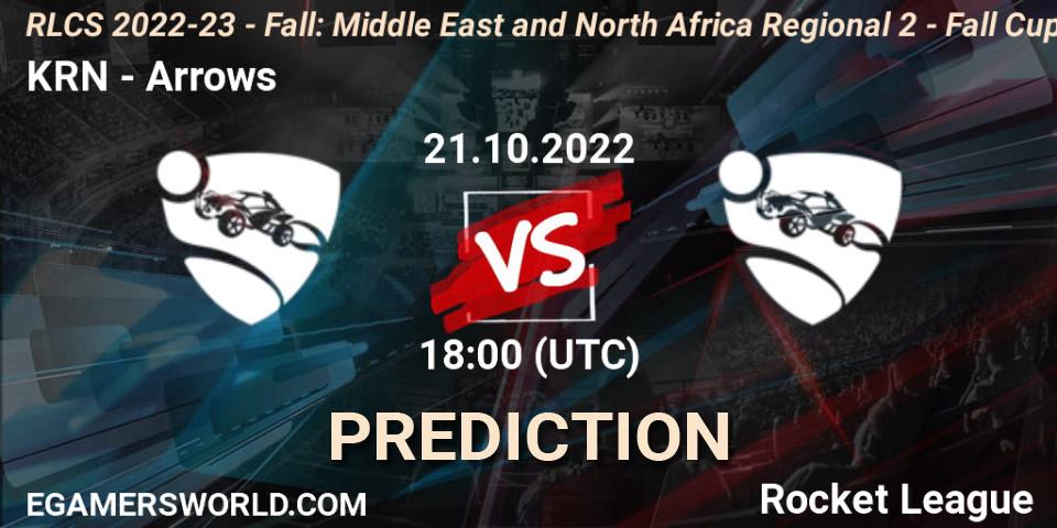 KRN vs Arrows: Betting TIp, Match Prediction. 21.10.2022 at 17:00. Rocket League, RLCS 2022-23 - Fall: Middle East and North Africa Regional 2 - Fall Cup