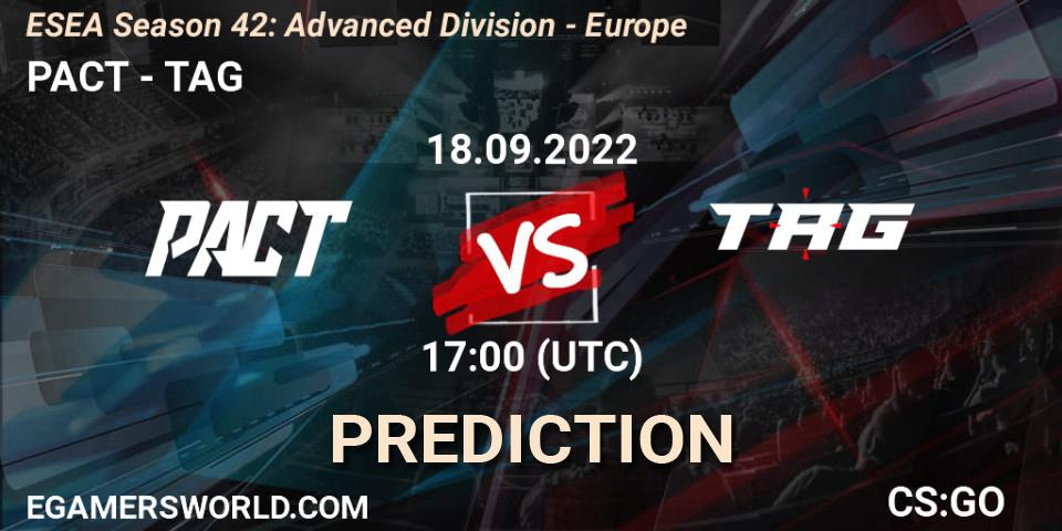 PACT vs TAG: Betting TIp, Match Prediction. 18.09.2022 at 17:00. Counter-Strike (CS2), ESEA Season 42: Advanced Division - Europe