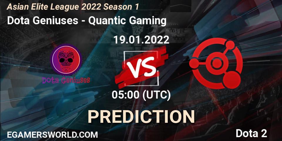 Dota Geniuses vs Quantic Gaming: Betting TIp, Match Prediction. 19.01.2022 at 06:59. Dota 2, Asian Elite League 2022 Season 1