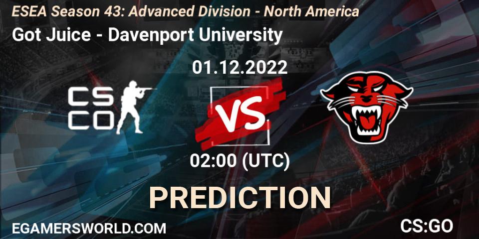 Got Juice vs Davenport University: Betting TIp, Match Prediction. 01.12.22. CS2 (CS:GO), ESEA Season 43: Advanced Division - North America