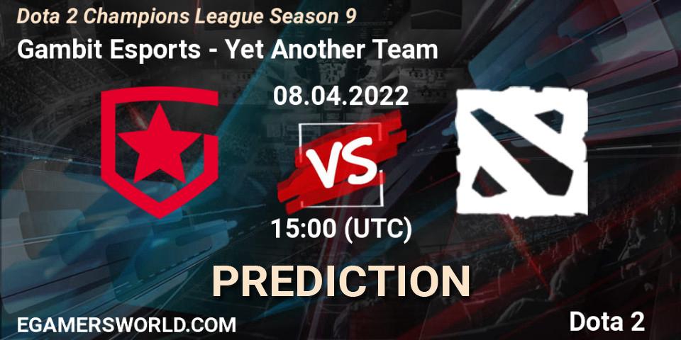 Gambit Esports vs Yet Another Team: Betting TIp, Match Prediction. 08.04.2022 at 15:25. Dota 2, Dota 2 Champions League Season 9