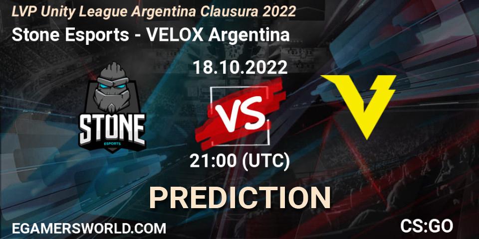 Stone Esports vs VELOX Argentina: Betting TIp, Match Prediction. 18.10.2022 at 21:00. Counter-Strike (CS2), LVP Unity League Argentina Clausura 2022