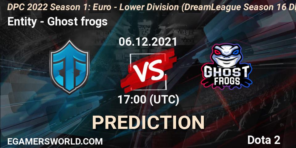 Entity vs Ghost frogs: Betting TIp, Match Prediction. 06.12.2021 at 16:55. Dota 2, DPC 2022 Season 1: Euro - Lower Division (DreamLeague Season 16 DPC WEU)