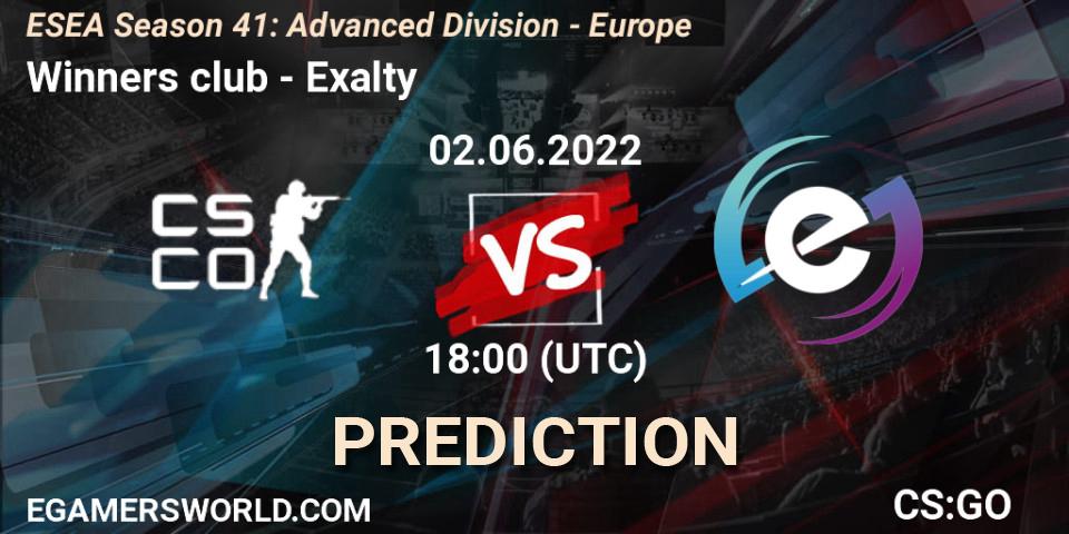 Winners club vs Exalty: Betting TIp, Match Prediction. 02.06.2022 at 18:00. Counter-Strike (CS2), ESEA Season 41: Advanced Division - Europe