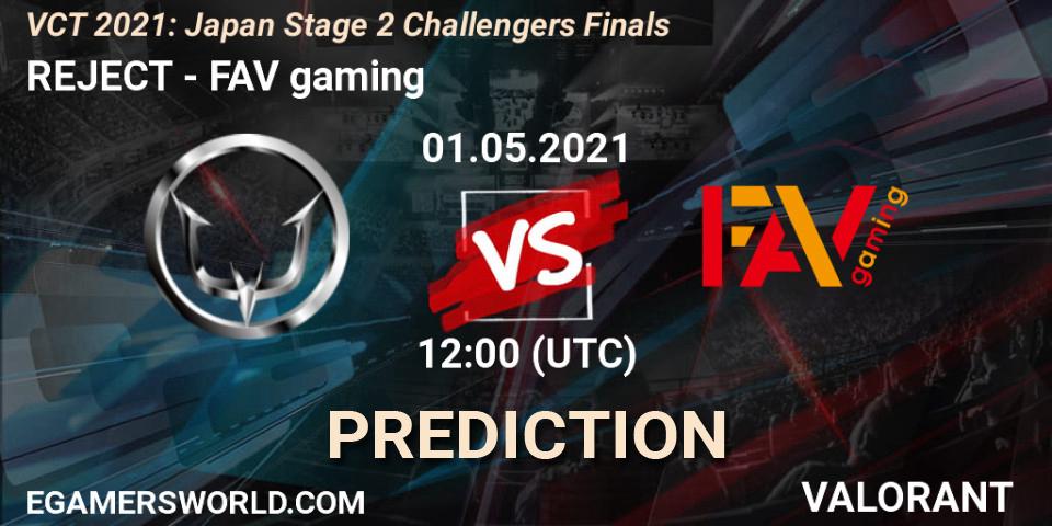 REJECT vs FAV gaming: Betting TIp, Match Prediction. 01.05.2021 at 13:00. VALORANT, VCT 2021: Japan Stage 2 Challengers Finals