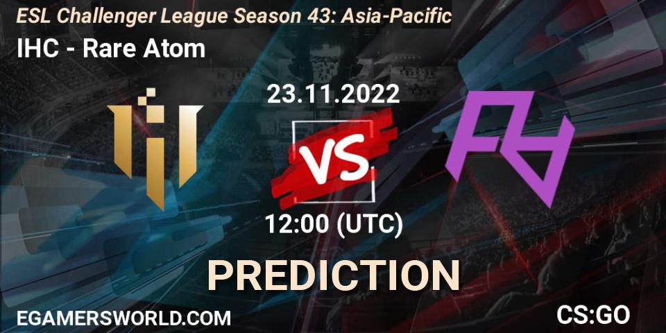 IHC vs Rare Atom: Betting TIp, Match Prediction. 22.11.2022 at 12:00. Counter-Strike (CS2), ESL Challenger League Season 43: Asia-Pacific