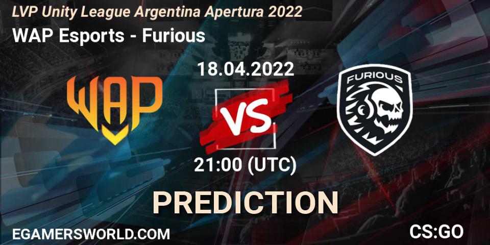 WAP Esports vs Furious: Betting TIp, Match Prediction. 27.04.2022 at 21:00. Counter-Strike (CS2), LVP Unity League Argentina Apertura 2022