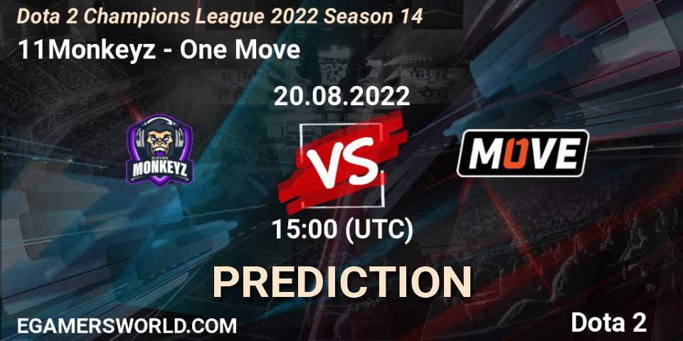 11Monkeyz vs One Move: Betting TIp, Match Prediction. 20.08.2022 at 15:02. Dota 2, Dota 2 Champions League 2022 Season 14