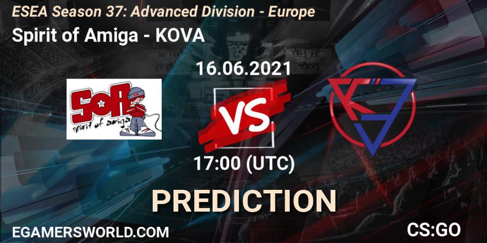 Spirit of Amiga vs KOVA: Betting TIp, Match Prediction. 16.06.2021 at 17:00. Counter-Strike (CS2), ESEA Season 37: Advanced Division - Europe