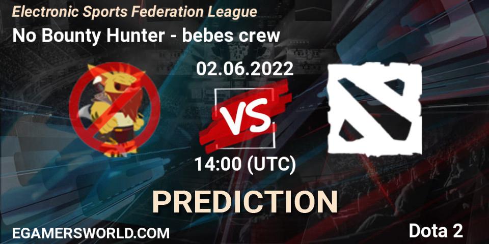 No Bounty Hunter vs bebes crew: Betting TIp, Match Prediction. 02.06.2022 at 14:25. Dota 2, Electronic Sports Federation League