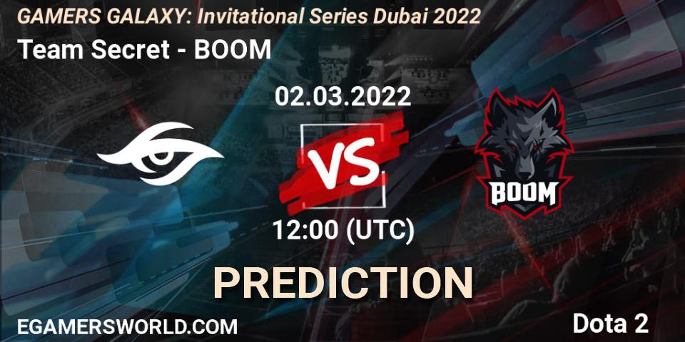 Team Secret vs BOOM: Betting TIp, Match Prediction. 02.03.2022 at 11:15. Dota 2, GAMERS GALAXY: Invitational Series Dubai 2022