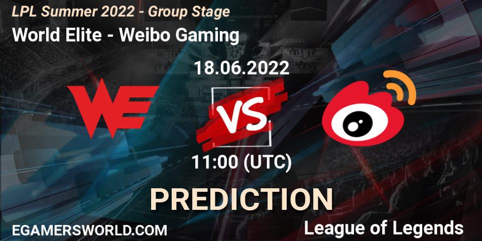 World Elite vs Weibo Gaming: Betting TIp, Match Prediction. 18.06.2022 at 11:00. LoL, LPL Summer 2022 - Group Stage